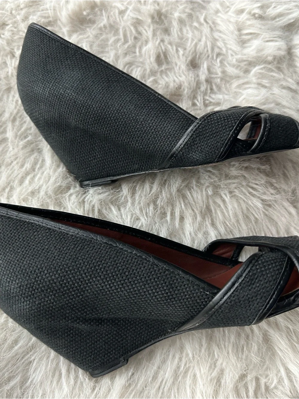Elizabeth and James Black Textured Wedge Peep-Toe Pumps 6